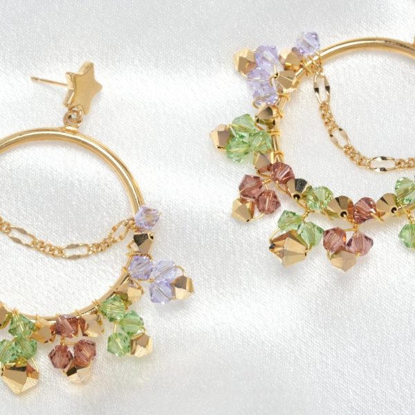 E622 - Joyful Loop Earrings Venice green lavender Swarovski crystals happy rainbow gold handmade statement hoops customizable dazzling chain