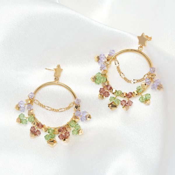 E622 - Joyful Loop Earrings purple green lavender Swarovski crystals happy rainbow gold handmade statement hoops sarasota dazzling chain