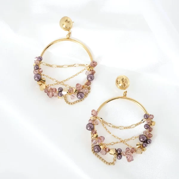 E616 - Grapevine Chain Loop Earrings purple pearls hoops Swarovski crystals gold handmade enchanting mystic rose Sarasota statement sparkle