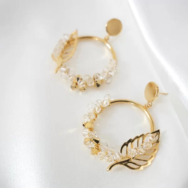 E624 - Leaf Filigree Loop Earrings royal ethereal vintage elegant earth tone Swarovski crystals gold handmade bridal hoops classy charm hoop