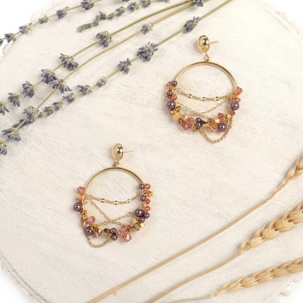 E616 - Grapevine Chain Loop Earrings purple pearls hoops