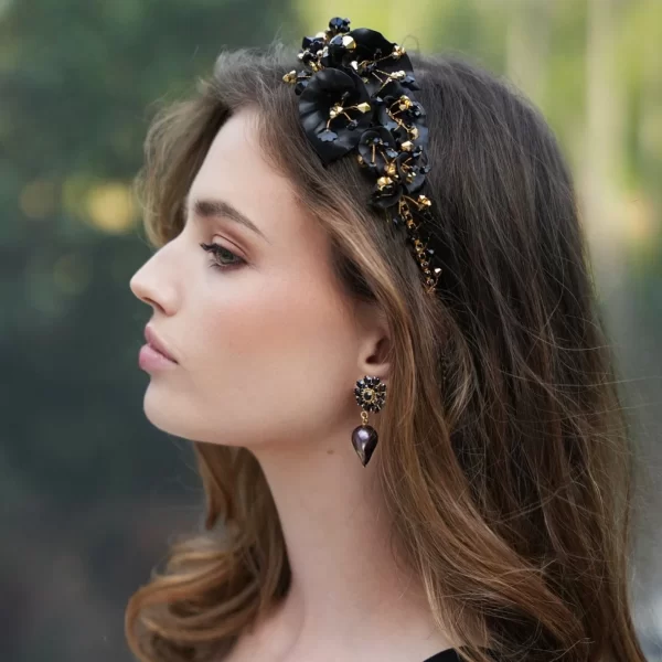 H686 - Midnight Lily Headband whimsical romantic gold jet black calla lily floral shinny classy elegant headpiece hair accessory Swarovski