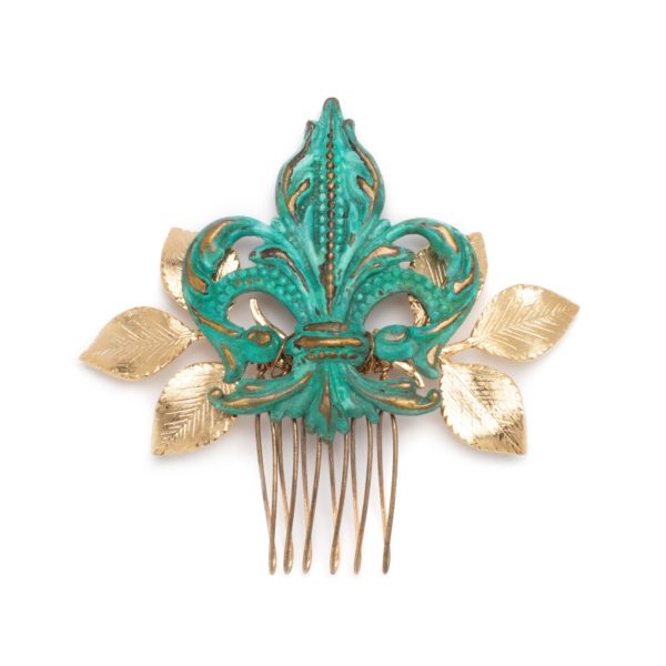 C084 - Patina French Comb green blue patina beach headpiece mermaid boho rustic vintage charming leaves gold symbol verdant ocean Lavlii