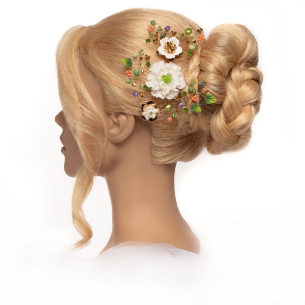 C144 - Springtime Comb handcrafted bridal headpiece with glass, porcelain, Art Deco clay and gold roses. floral crown quartz pearls white