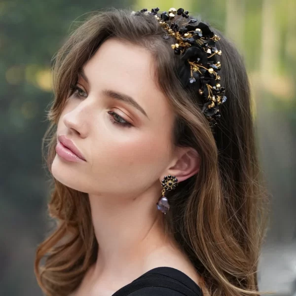 H686 - Midnight Lily Headband whimsical california santa monica romantic gold jet black calla lily floral shinny classy elegant headpiece hair accessory Swarovski