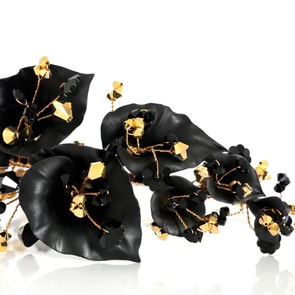 H686 - Midnight Lily Headband whimsical romantic gold jet black calla lily floral shinny classy elegant headpiece hair accessory Swarovski