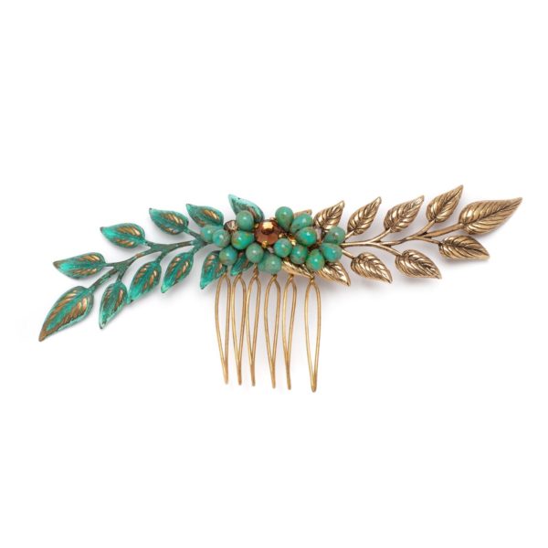 C088 - Patina Fusion Comb green blue patina beach headpiece mermaid boho rustic vintage charming gold verdant ocean Lavlii teardrops droplet tampa