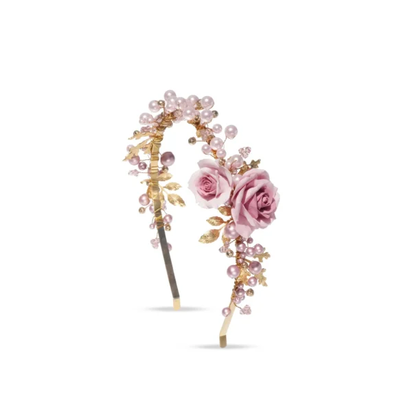 Dusty pink porcelain rose floral crown headband by Lavlii with swarovski crystals and pearls