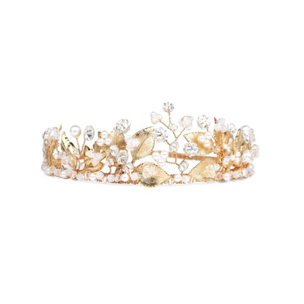 Bridal gold leaf tiara • Ethereal Regal wedding hair accessory • Edwardian Bohemian handmade headpiece • Grecian goddess Swarovski pearl by Lavlii