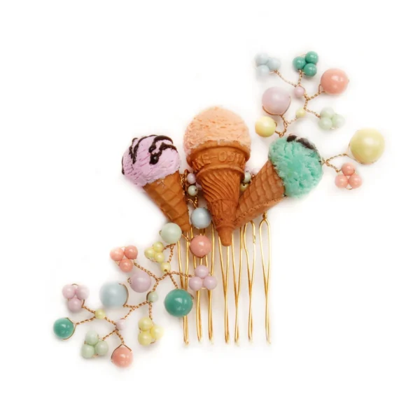 C106 - Summer Bliss Comb Gold Headpiece Swarovski pastel pearls Hair accessory fun Custom Handmade gift ice cream cones colorful rainbow art